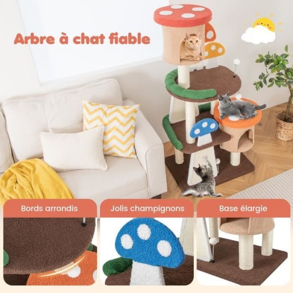 COSTWAY Mushroom Cat Tree - 2 lägenheter, interaktiva bollar, skrapstolpe, plattform - Cat Play Tower