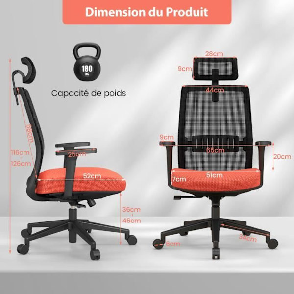 COSTWAY Ergonomisk kontorstol, justerbar sædehøjde 36-46 cm, med lændestøtte, 3D nakkestøtte, max. 180 kg svart och orange