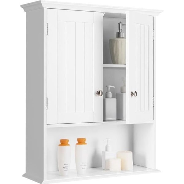 COSTWAY Kylpyhuoneen kalusteseinäkaappi 2 ovella säädettävät hyllyt Säilytys Lääkekaappi 60x19x71cm Valkoinen