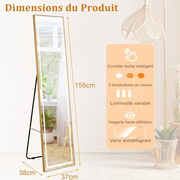 COSTWAY Fritstående vægmonteret spejl - 3 farve LED-lys, Smart Touch, Aluminiumsramme, Eksplosionssikkert glas - 37x155CM-Guld