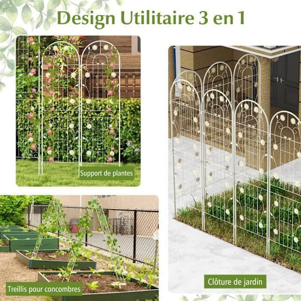 COSTWAY Metal Garden Trellis Set om 2 180x50cm - 3 i 1 växtstöd - Elegant mönster - Klätterväxter, Rosor, Grönsaker - Vit