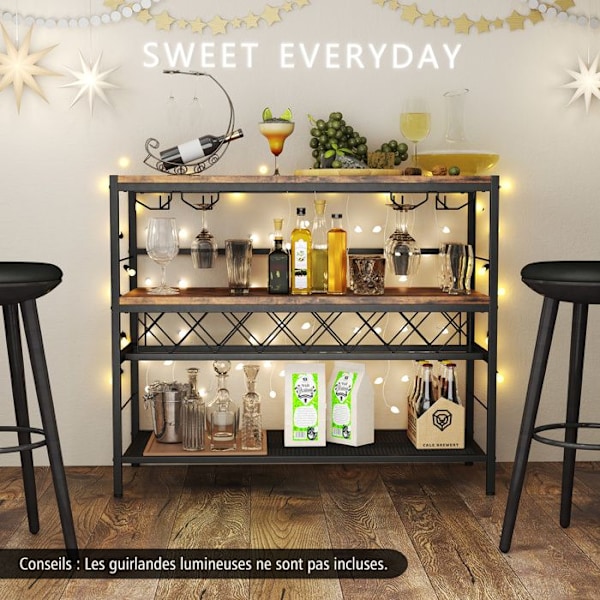 COSTWAY Fritstående vinreol til 7 flasker og 16 glas, 4-lags flaskeopbevaringsenhed, 4 rækker glasholdere Rustik brun
