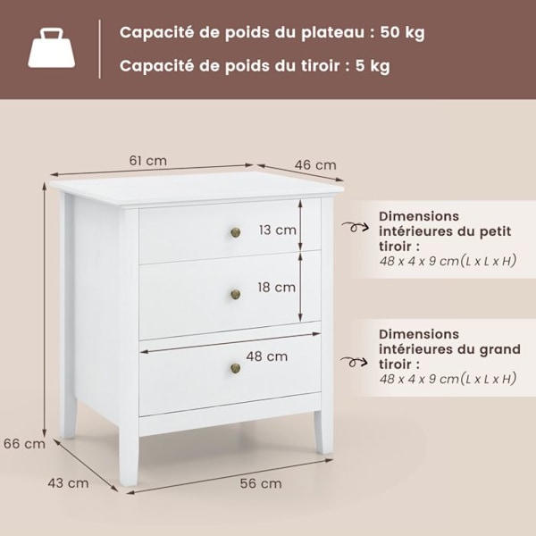 COSTWAY sengebord med 3 skuffer, 60,5 x 45,5 x 65,5 cm, sidebord til soveværelse, stue, kontor, hvid