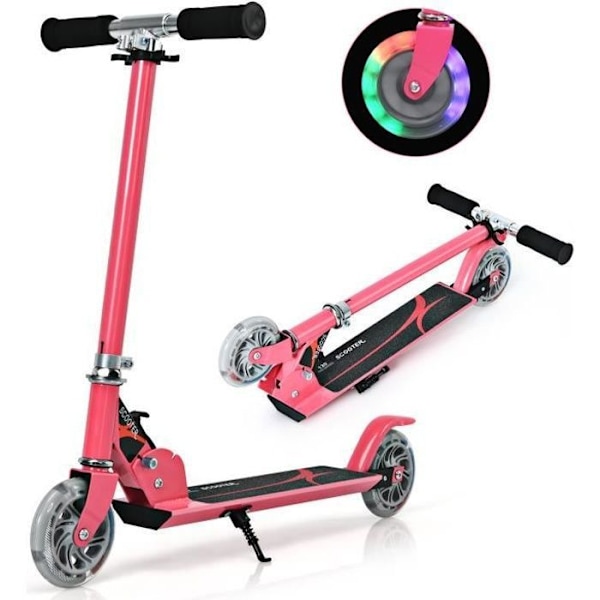 COSTWAY hopfällbar barnskoter 2 blinkande LED-hjul Justerbar höjd Max belastning 70 kg Barn från 4 till 15 år Scooter Rosa