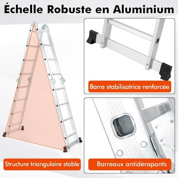 COSTWAY Teleskopstige 4.6M 7 i 1 - Aluminiumslegering - Belastning 150 kg - 17 trin - Skridsikre trin - Fodstøtter Pengar