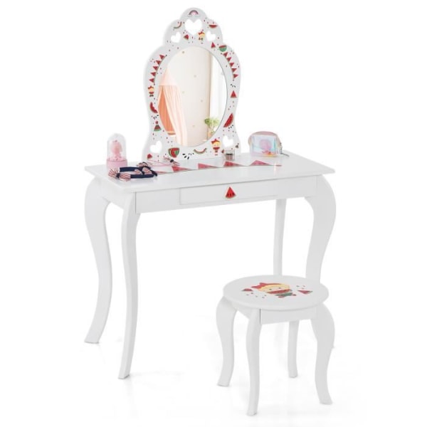 COSTWAY 2 i 1 toalettbord för barn med pall och avtagbar spegel, sminkbord med låda och anti-tilt-enhet