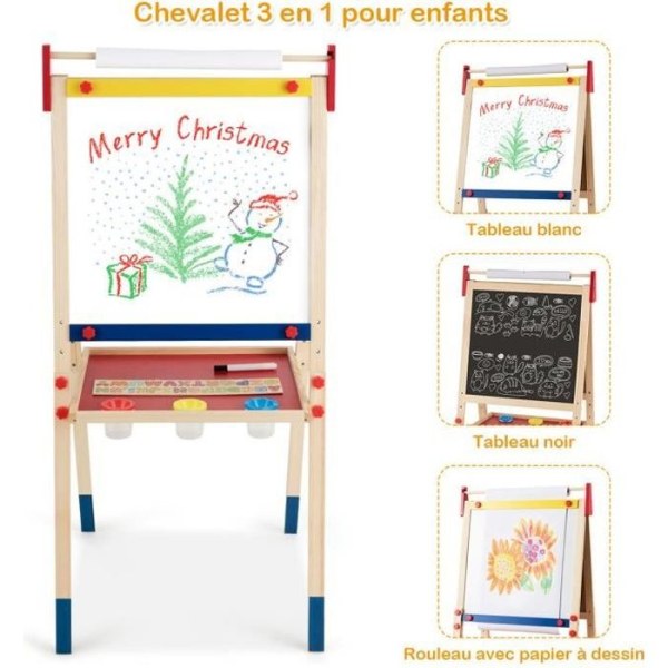 COSTWAY 3-i-1 målarstafli för barn med pappersrulle, furu, magnetisk whiteboard, justerbar höjd