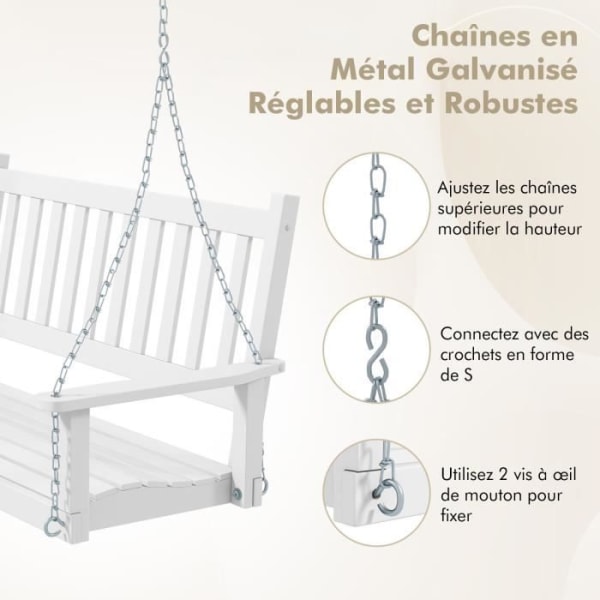 COSTWAY riippuva puutarhapenkki 3 hengelle puusta - 168 x 65 x 63 cm - Säädettävät metalliketjut 170 cm - Säleet selkänoja - Valkoinen