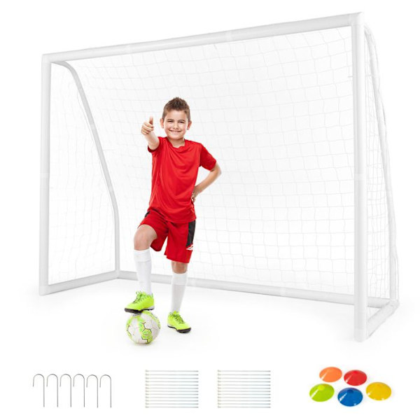 COSTWAY Fodboldmål 245 x 182 cm - Vejrbestandig UPVC-ramme - 5 levende fodboldkegler - Ground Stakes - Net inkluderet