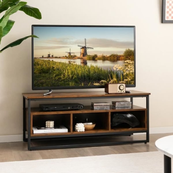 COSTWAY 48" 3-lags tv-stander med 3 rum, metalramme, til stue, soveværelse, 110 x 42,5 x 45 cm, brun