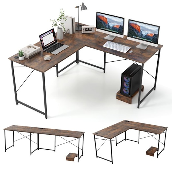 COSTWAY Vändbart L-format skrivbord med inbyggt uttag, löstagbart värd-/monitorställ, Kabelhanteringshål, Brun