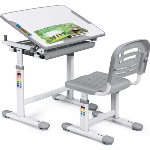 COSTWAY Ergonomiskt barnskrivbord Justerbar höjd och vinkel 0-40° bordsset med stolar, ritbord med 1 låda Grå