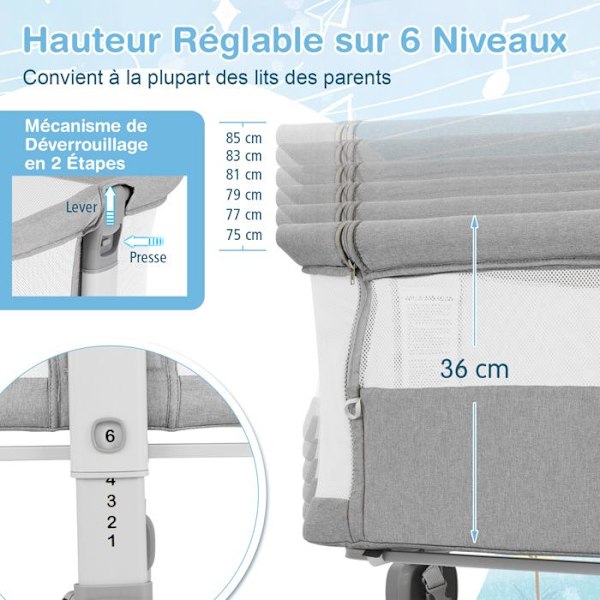 Samsovande babysäng med 2,5 cm madrass COSTWAY-Från födseln-9kg-6 höjder-4 hjul-hopfällbar bärbar-Förvaringshylla-Ljusgrå