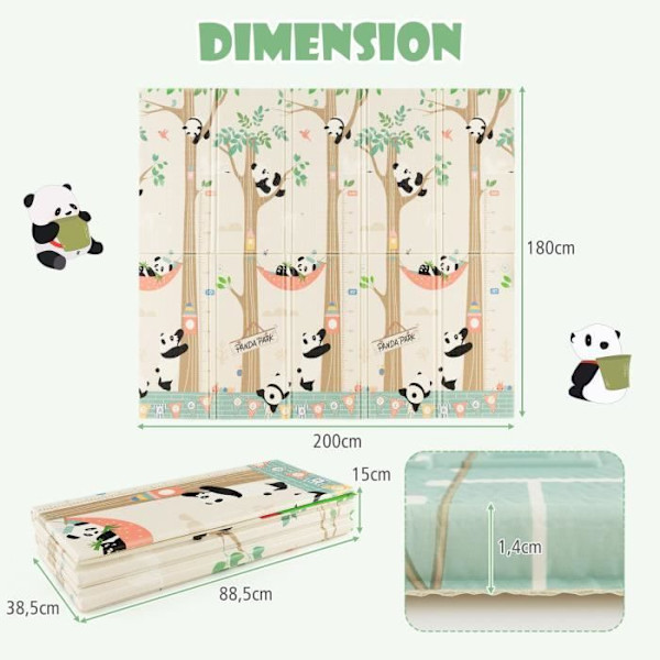 COSTWAY Plegelegetæppe til Baby 200 x 180 cm - Dobbelt Sidemulighed - Transporttaske - Vandtæt XPE Foder uden BPA - Panda Giraff, Panda