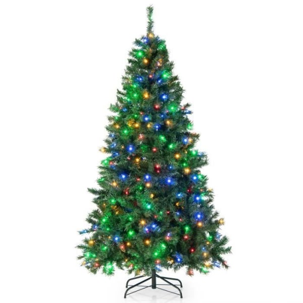 COSTWAY förbelyst konstgjord julgran, 215 cm med 350 LED flerfärgade lampor, hopfällbart metallställ, 1006 grenar, grönt