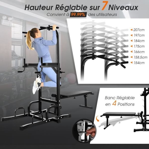 COSTWAY Multi-Function Pull-Up Station med hopfällbar viktbänk, Chin Up Bar, armbågsskydd justerbara höjder