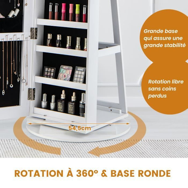 COSTWAY 360° svängbar smyckeskåp med 3 färger LED-lampor, full längd spegel och 3 vånings hylla i bak vit
