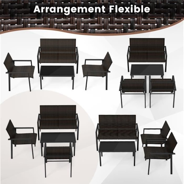 COSTWAY 4-delad flätad trädgård soffbord och stolar set, utemöbler set för balkong terrass innergård, brun kastanj