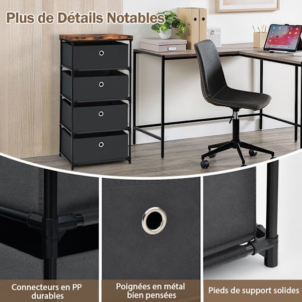 COSTWAY kommode med 4 stofskuffer 42 x 33,5 x 84,5 cm, med metalramme, opbevaringsskuffemøbler til soveværelse, industri, sort Svart