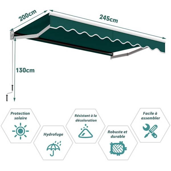 COSTWAY Manuel Retrækkeligt Markise 295x250CM Justerbar Vinkel 40°-100° uden Boring i Metal og Stof til Vindue/Balkon/Haven Grøn