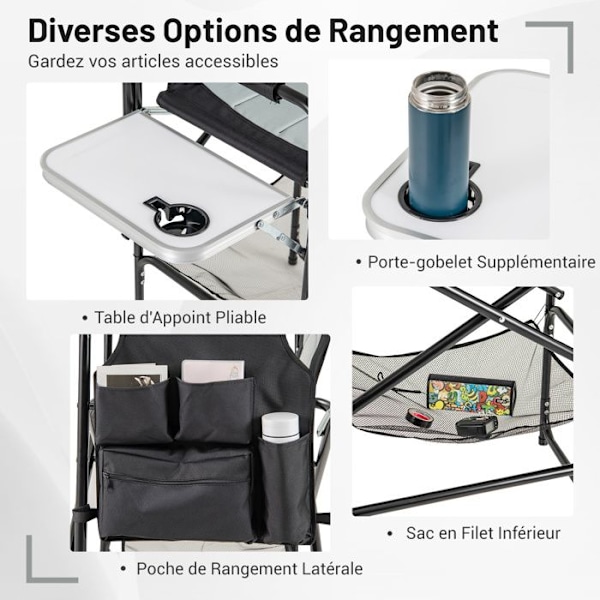 COSTWAY Høj Foldbar Havestol 116,5 cm med F oldbar Sidebord og Fodstøtte, Krus-holder, Netopbevaringspose svart och grått