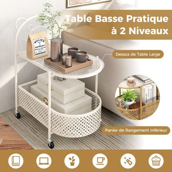COSTWAY 2-trins mobilt sofabord i glas, med bjørnedesign, metalstel, låsbare hjul, til stue, soveværelse