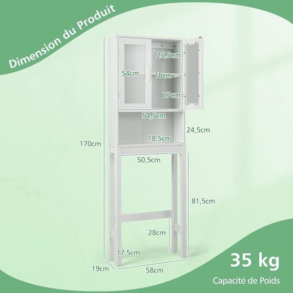 COSTWAY WC-yksikkö WC:n yläpuolella, 3 hyllyä kylpyhuoneen säilytykseen Valkoinen Moderni 57 x 18,5 x 163 CM Vit