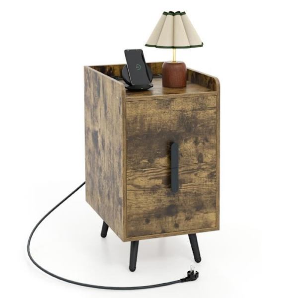 COSTWAY Yöpöytä 2 laatikolla, 2 USB-portilla ja 3 pistorasialla, metallijaloilla, makuuhuoneeseen, olohuoneeseen, 40 x 32 x 60 cm, Ruskea kastanj