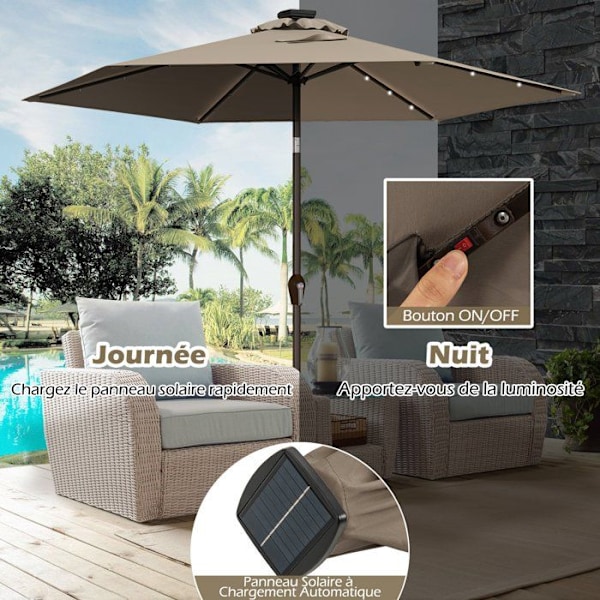 COSTWAY Tilt offset haveparasol Dia.270 x 250 CM med 18 LED'er, Anti-UV robust metalstruktur til terrasse, brun kastanj