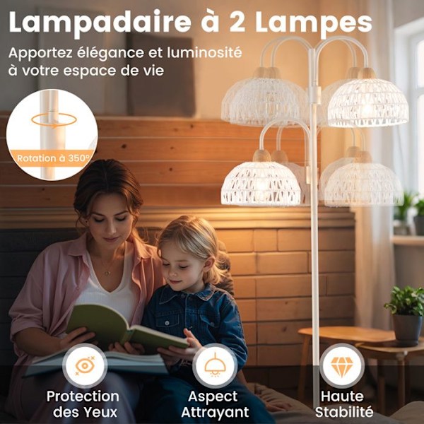 COSTWAY Modern 2-skærms gulvlampe med vævede reb - 350° drejelig - Fodkontakt - Vægtet base - Metalstang