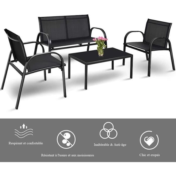 COSTWAY Havegruppesæt til 4 personer, 2 Stole, 1 Sofa og 1 Glas Kaffebord, UV-beskyttende Textilene-stof, Sort