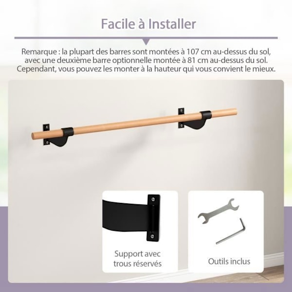COSTWAY Vægmonteret dansestang 120 cm Fast højde Ø 38 mm i bøgetræ til yoga, stretching, træning, sort og natur
