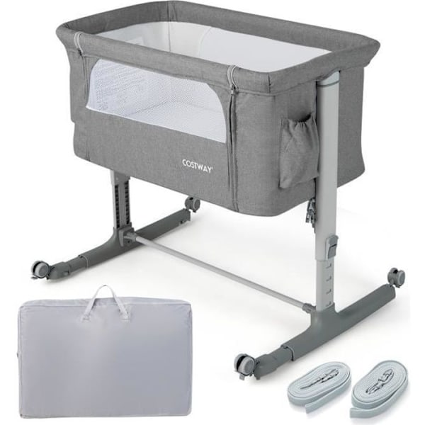 COSTWAY Co-Sleeping Baby Bassinet 5 Justerbara höjder Last 9KG, Andningsbar Mesh Bassinet Resväska för Baby 0-6 månader, ljusgrå Grå