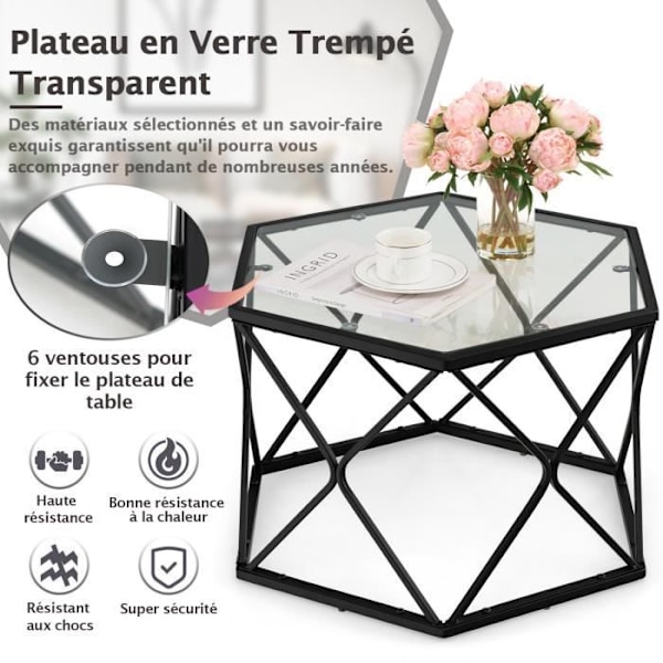 COSTWAY geometrisk sofabord med hærdet glasplade, sekskantet sidebord, moderne stil til stuen, 65x56x40 cm, sort