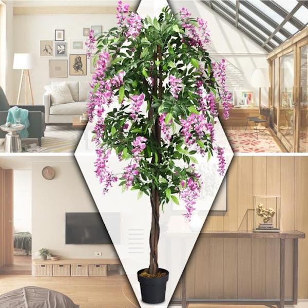 Keinotekoinen kasvi vaaleanpunaisilla tekokukilla 180 cm:n väärennöspuu ruukulla sisä- tai ulkokäyttöön Wisteria