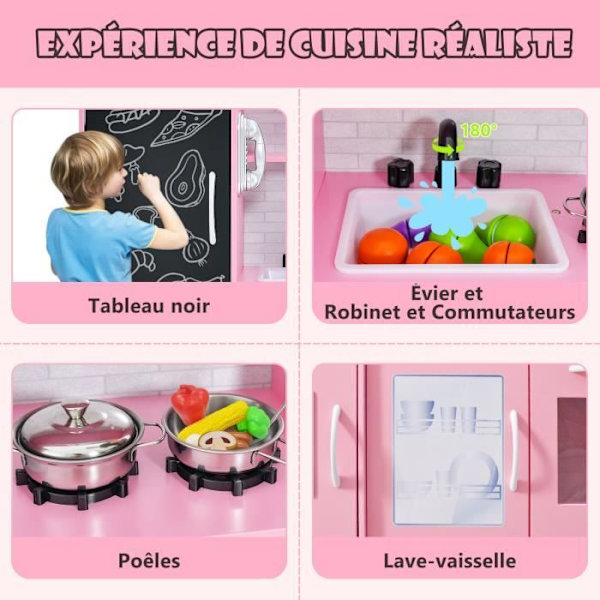 COSTWAY Barnkök 3 - 6 år Trä med telefon, tavla, mikrovågsugn, ismaskin, 7 tillbehör Rosa