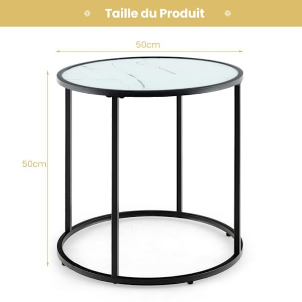 COSTWAY 50 cm runt sidobord i glas med metallram, imitation av marmorglasskiva, modernt för vardagsrum, sovrum