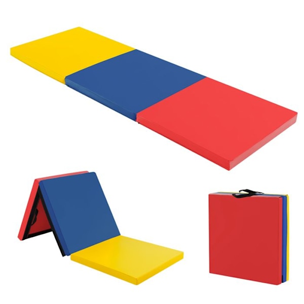 Fällbar Gymmatta COSTWAY-180 x 60 x 5cm-3 Fäll med Handtag-Självhäftande Fästen-i Vattentålig PU EPE Fyllning-Färgglad