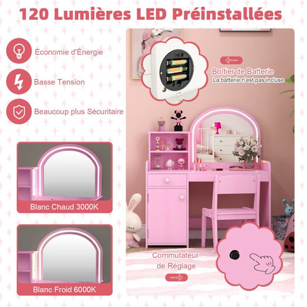 COSTWAY 2 in 1 peilipöytä ja tuoli lapsille, peili ja 120 LED-valoa, 2 hyllyä ja laatikko, vaaleanpunainen