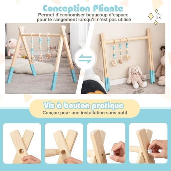 COSTWAY Fällbar Träklar för Babys med 3 stycken BPA-fria Hängande Figurer i Triangulär Form - Födelsepresent - Grön blå och brun