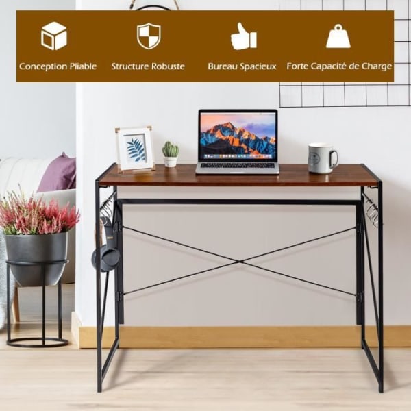 COSTWAY Foldecomputerbord, Computerbord med metalstel, 6 S-formede kroge, 100 x 50 x 75 cm, Kaffe Kaffe