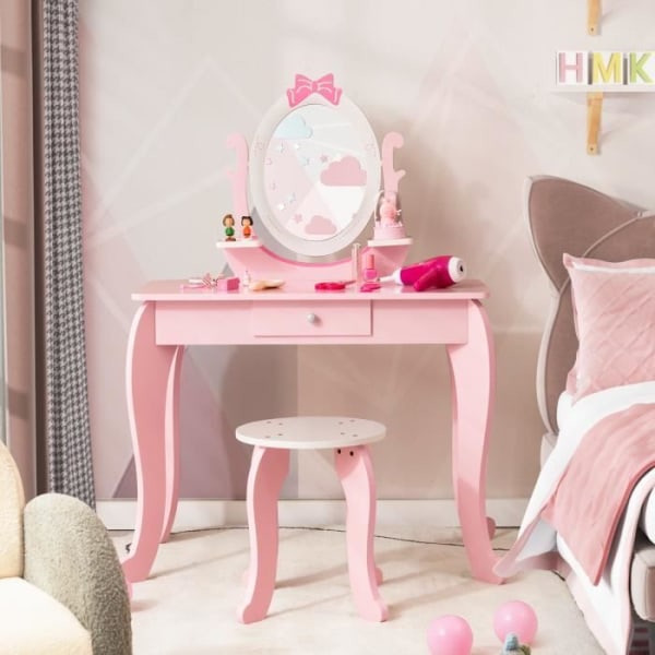 COSTWAY sminkbord för barn med pall, sminkbord i trä med roterande oval spegel, låda och 2 hyllor, rosa