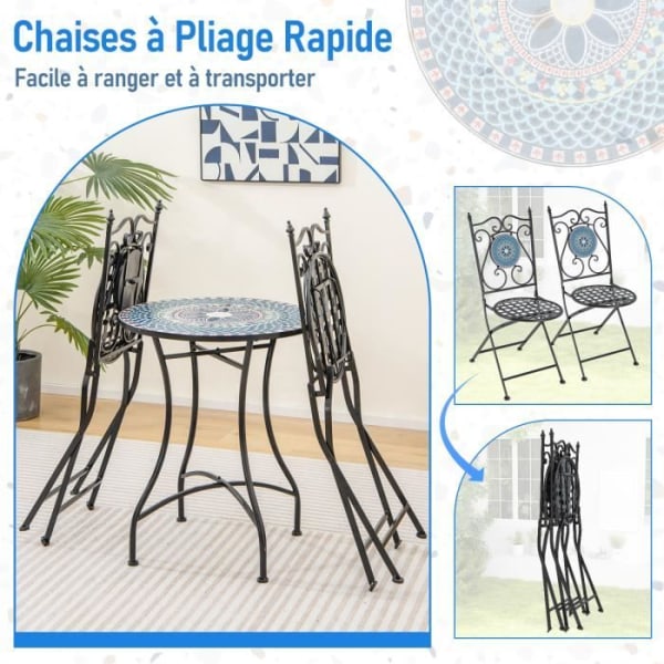 COSTWAY 3 st Metall Trädgårdsmöbler Set - Runt bordsset och 2 hopfällbara stolar - Mosaik mönstrad keramikskiva