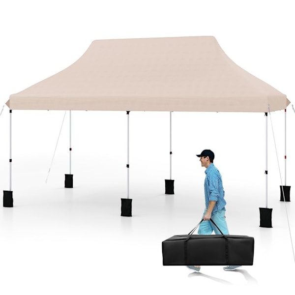 COSTWAY Fällbar Trädgårdstält 3 x 6M - Pop-up 6 Sandsäckar - Solskydd - Justerbar Höjd för Fest, BBQ Beige