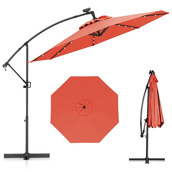 Parasol Déporté φ300 x 245cm - COSTWAY - med 32 LED - Kryssfot - Lutningsjustering - Vev - 360° rotation - Orange