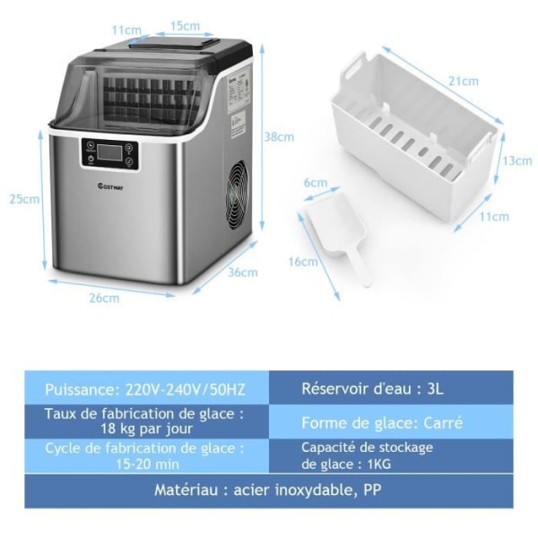 COSTWAY Ice Maker 18kg/24h med flasköppning LCD-skärm Timer Scoop Självrengörande 3,2L vattentank