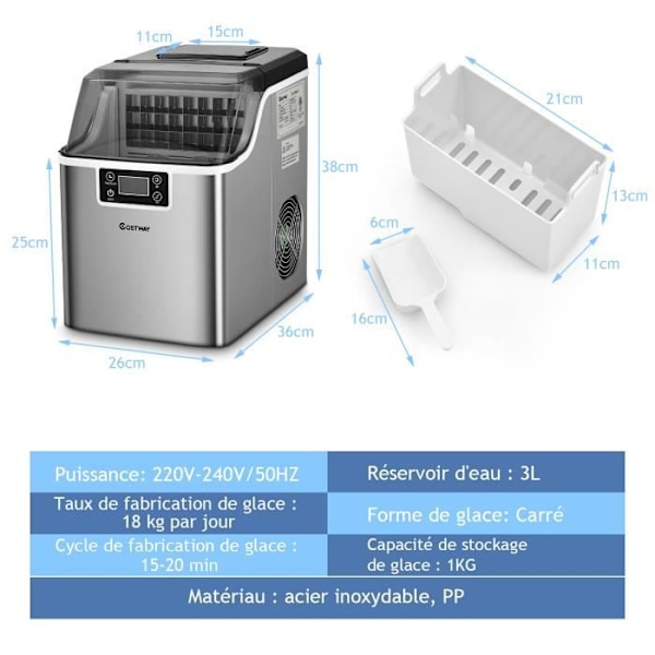 COSTWAY Ismaskine 18 kg/24 timer med flaskeplacering LCD-skærm Timer Selvrensende skovl 3,2 L vandtank