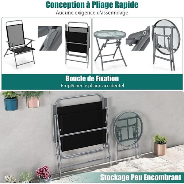 COSTWAY Garden Lounge Set med 2 hopfällbara stolar och 1 bord, metallram, soffbord i härdat glas för balkong uteplats Svart silver