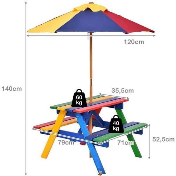 COSTWAY Børnehavebord og 2 bænk med parasol i fyrretræ, picnicbord til 4 børn, farverig farve Färgad + Brun