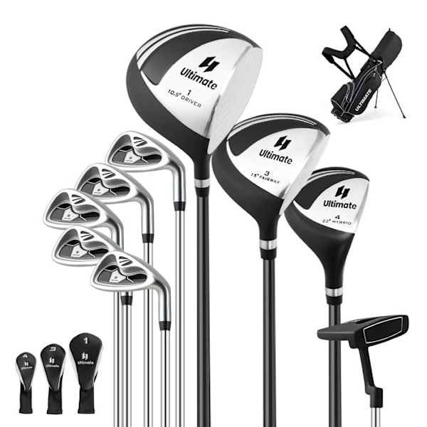 COSTWAY Golftaske med stativ til mænd - 10 PCS golfkøllesæt - 3 justerbare skulderremme, vægtede kølhoveder - Sort